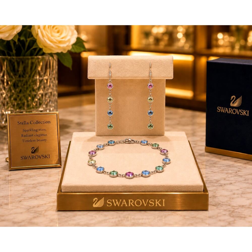 Vintage Swarovski Bezel Austrian Crystal Bracelet & Earrings Set